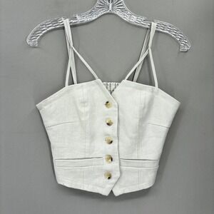 Maria Cher Tank Top Womens XS White Linen Cropped Button Front Strappy Summer